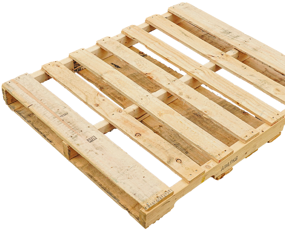 Wooden pallet in close-up view, showing standard slats and size.